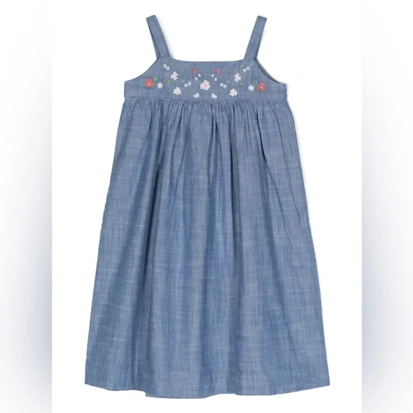 NWT Bonpoint Fedora Cotton Chambray Dress with Floral Embroidery, Size 10A